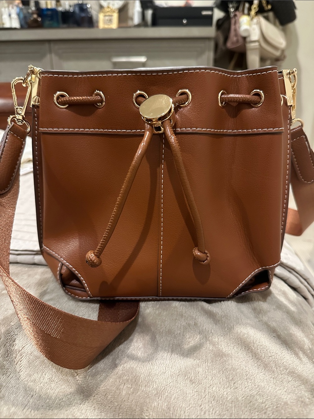 Anthropologie Brown Leather Drawstring Bucket Bag with Gold Hardware
